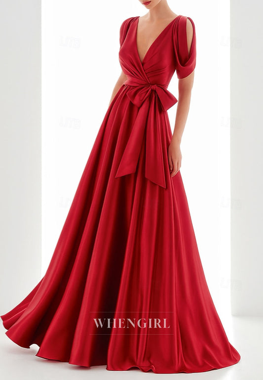 A-Line V Neck Short Sleeves Bowknot Floor Length Mother of the Bride Dress