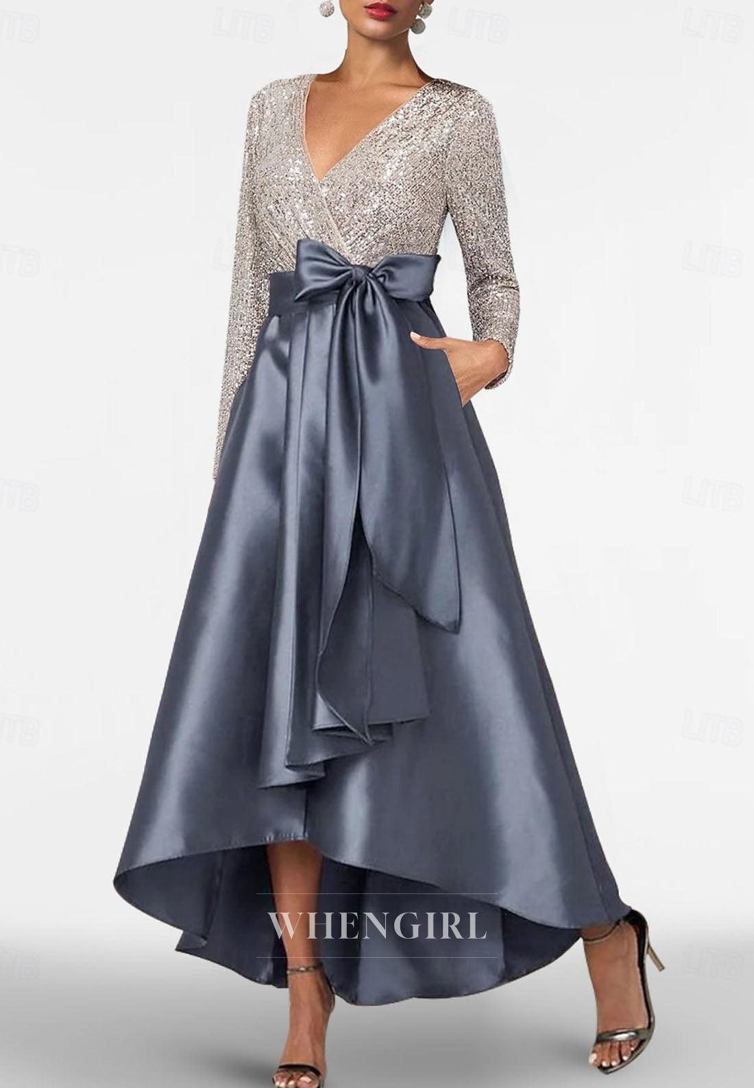 A-Line V Neck Long Sleeves High Low Mother of the Bride Dress