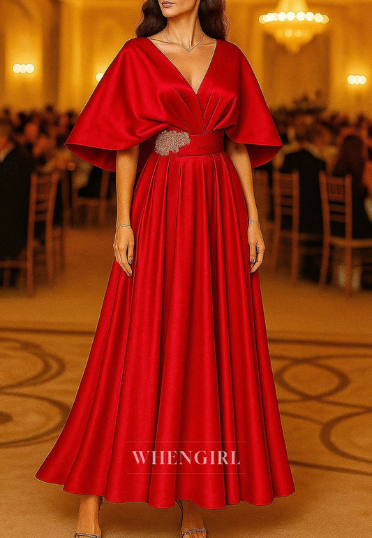 A-Line V Neck Half Sleeves Back Zipper Ankle Length Mother of the Bride Dress　