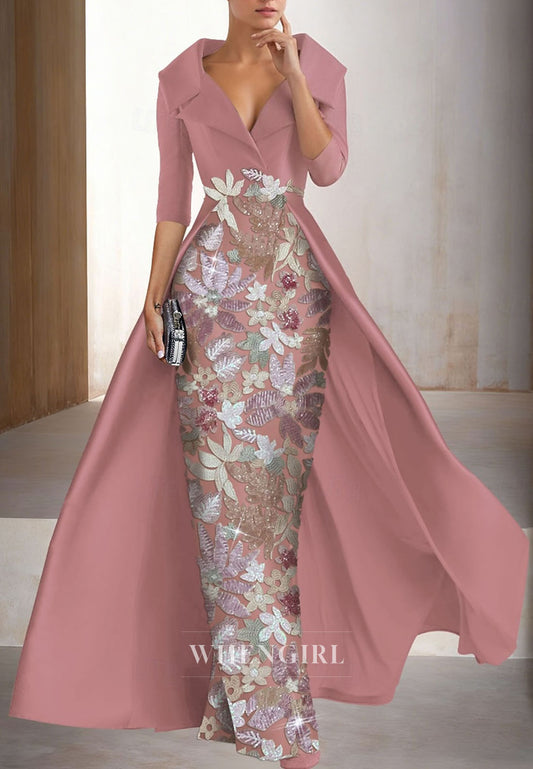 Sheath V Neck Half Sleeves Sequins Mother of the Bride Dress with Overskirt