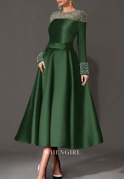 A-Line Satin Bateau Neck Long Sleeves Beaded Tea Length Mother of the Bride Dress
