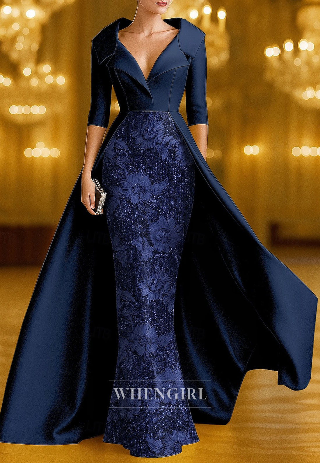 Sheath V Neck Half Sleeves Floor Length Mother of the Bride Dress Evening Gown