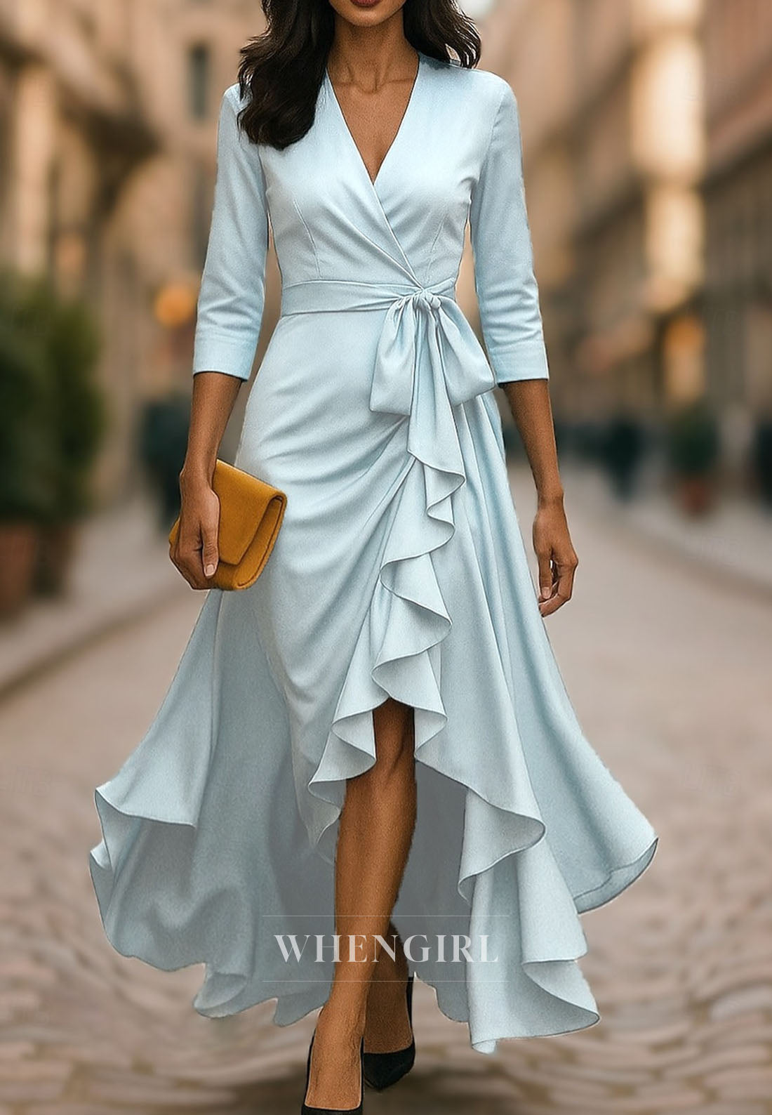 Trumpet V Neck 3/4 Sleeves Ruffle Mother of the Bride Dress