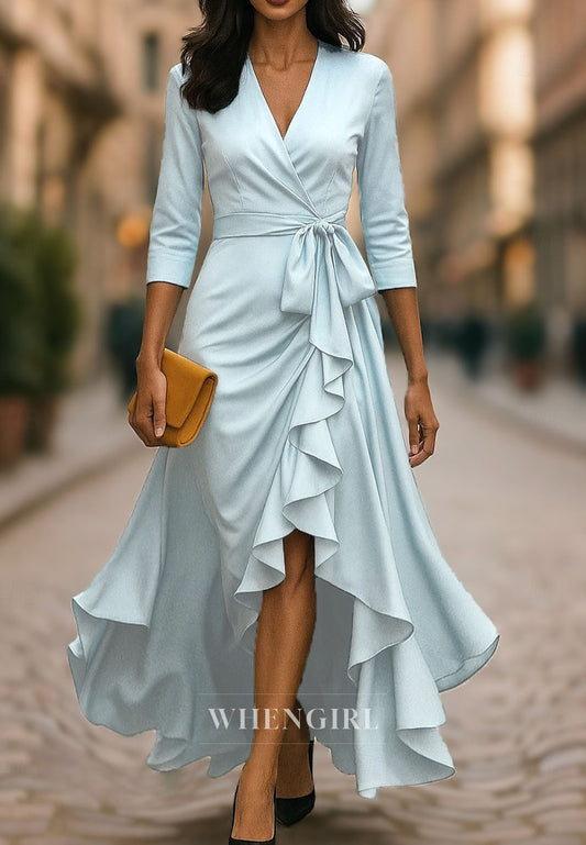 Trumpet V Neck 3/4 Sleeves Ruffle Mother of the Bride Dress