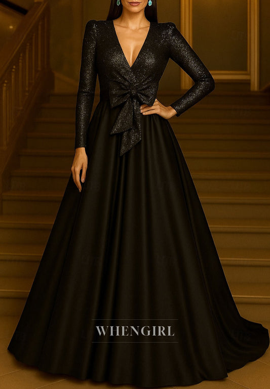 A-Line Black V Neck Long Sleeves Bowknot Sweep Train Mother of the Bride Dress