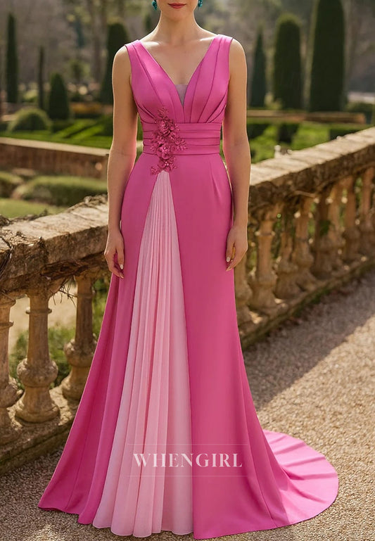 Fuchsia V Neck Sleeveless Flowers A-Line Mother of the Bride Dress