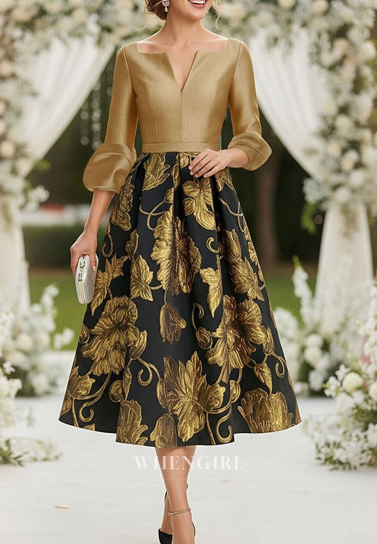 V Neck 3/4 Sleeves Gold Mother of the Bride Dress