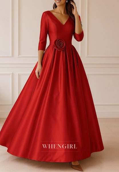 Satin A-Line V Neck Flower 3/4 Sleeves Mother of the Bride Dress