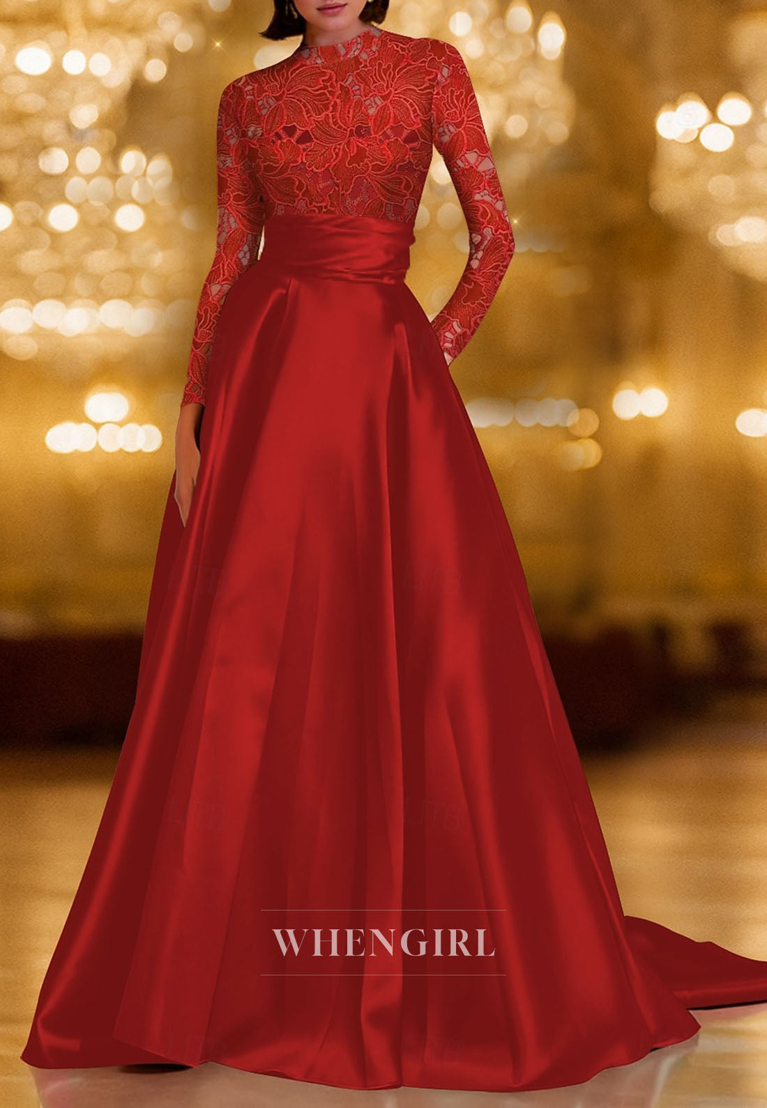 A-Line Long Sleeves Lace Top Back Zipper Mother of the Bride Dress Evening Dress