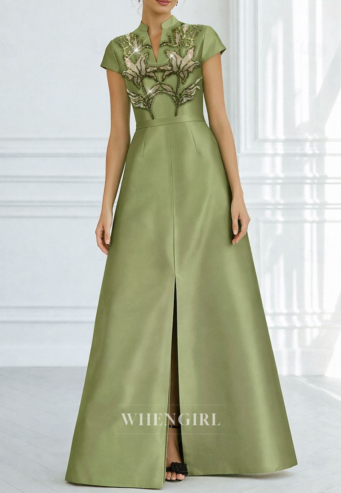 A-Line V neck Cap Sleeves Beaded Slit Mother of the Bride Dress