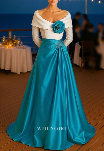 Scoop Neck Long Sleeves 3D Flower A-Line Back Zipper Mother of the Bride Dress