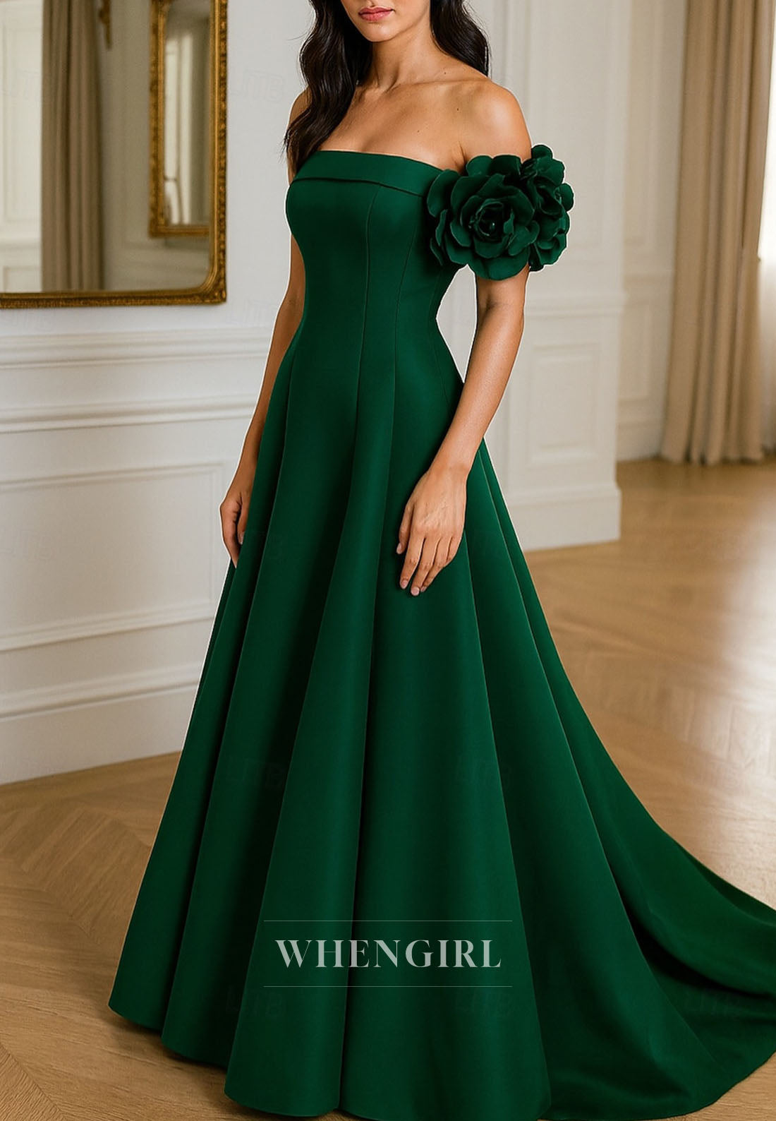 A-Line Off Shoulder Flower Sweep Train Mother of the Bride Dress