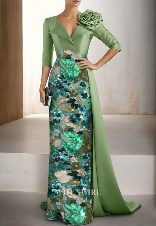 Sheath V Neck Half Sleeves 3D Flower Mother of the Bride Dress