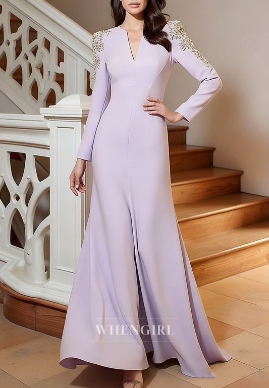 Jumpsuit V Neck Long Sleeves Beaded Lilac Mother of the Bride Dress