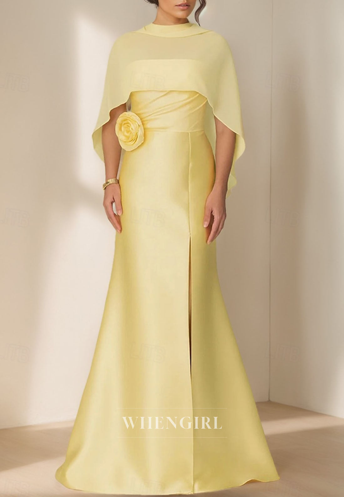 Mermaid Side Slit 3D Flower Mother of the Bride Dress with Cape