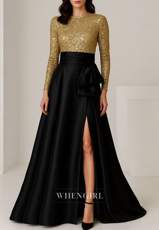 A-Line Bateau Neck Long Sleeves Side Slit Mother of the Bride Dress