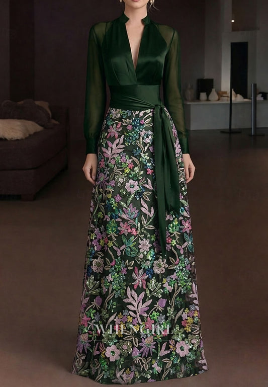 Column Long Sleeves V Neck Embroidery Mother of the Bride Dress