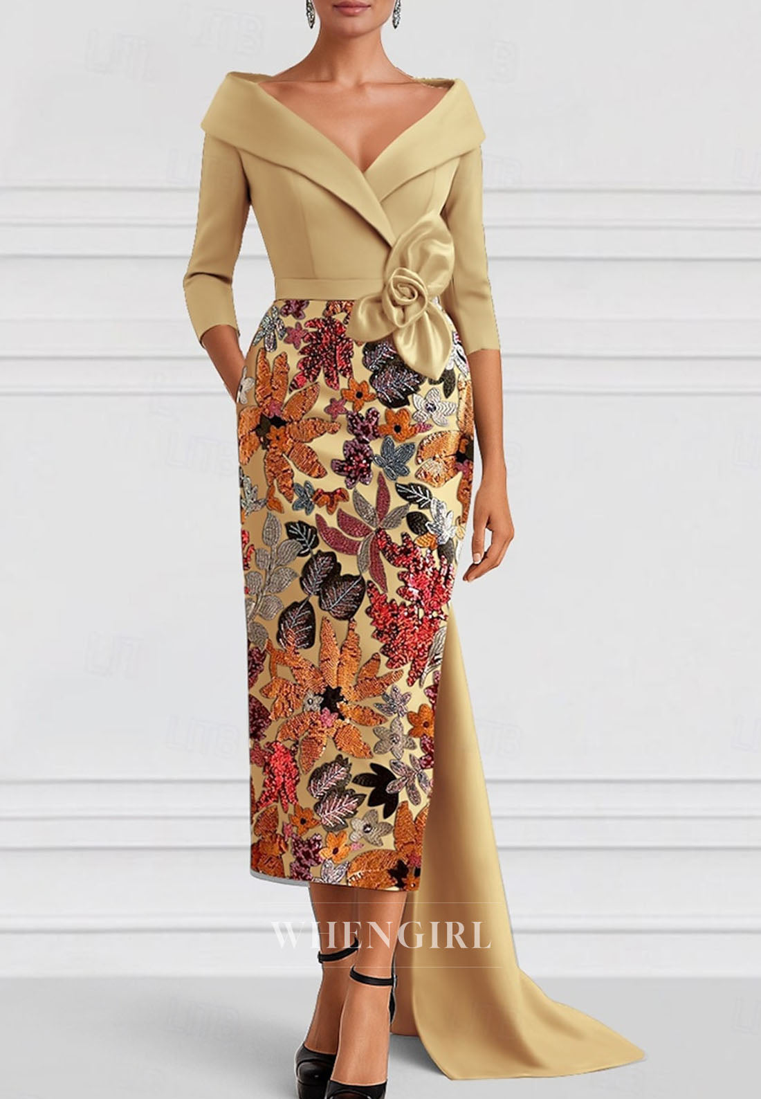 Sheath V Neck 3/4 Sleeves Beaded Mother of the Bride Dress with Train