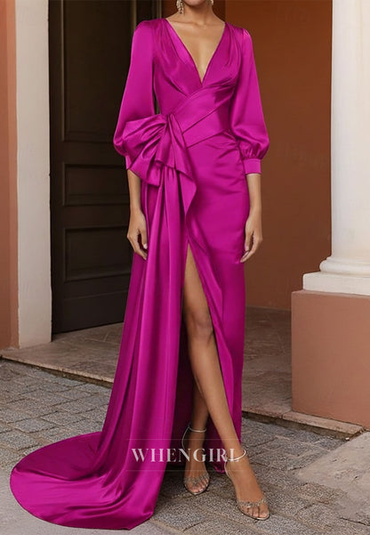 Sheath Ruched V Neck 3/4 Sleeves Side Slit Mother of the Bride Dress