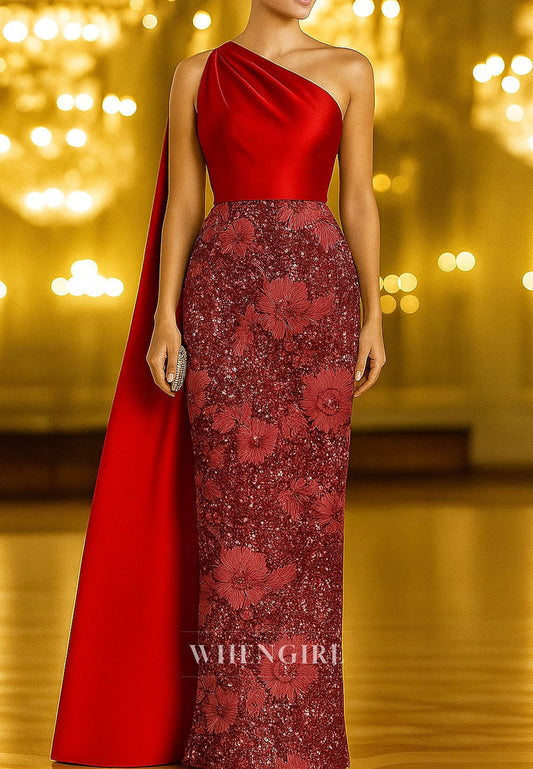 Sheath One Shoulder Sleeveless Floral Beaded Mother of the Bride Dress