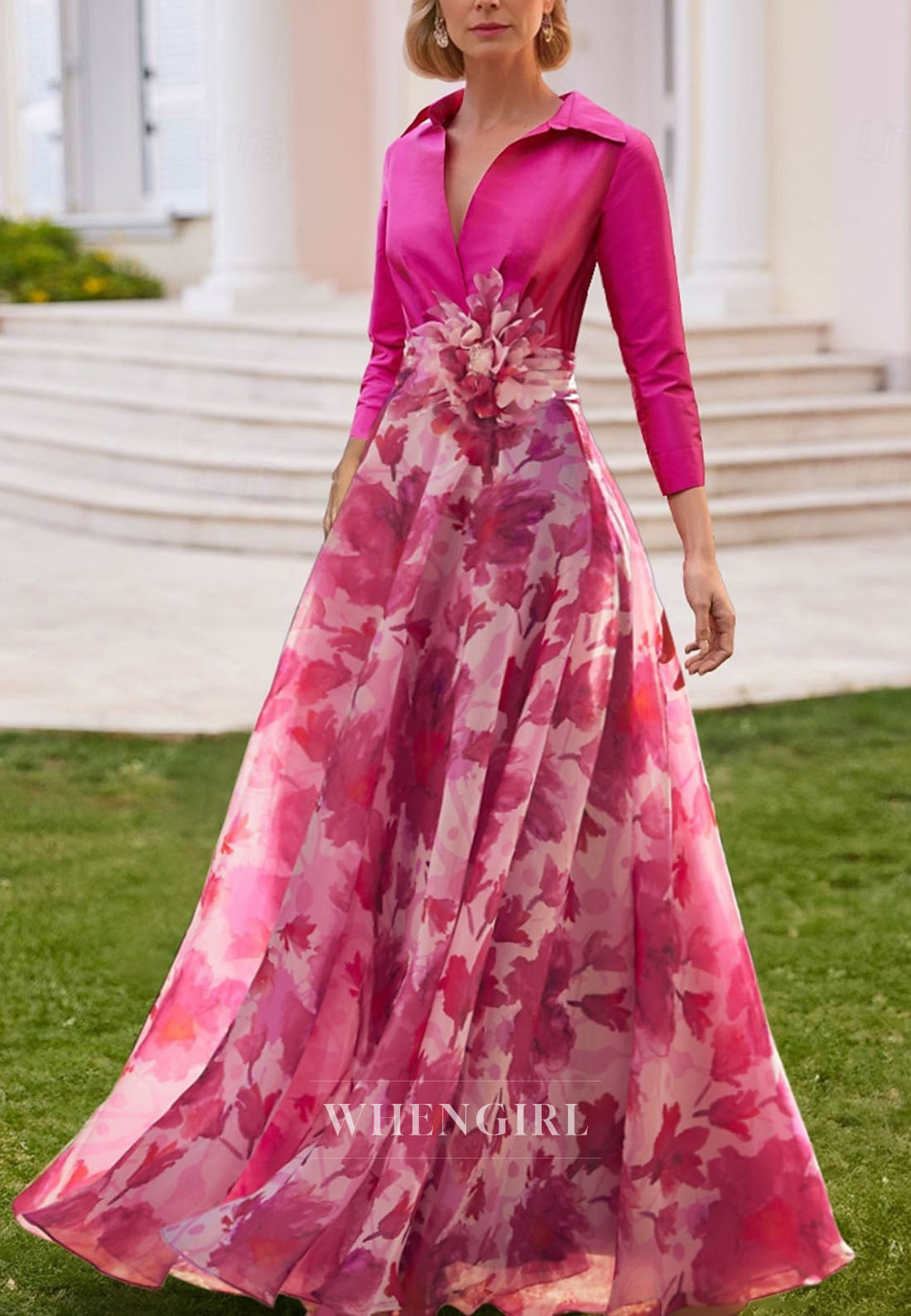 Fuchsia V Neck Long Sleeves Floral Printed A-Line Mother of the Bride Dress