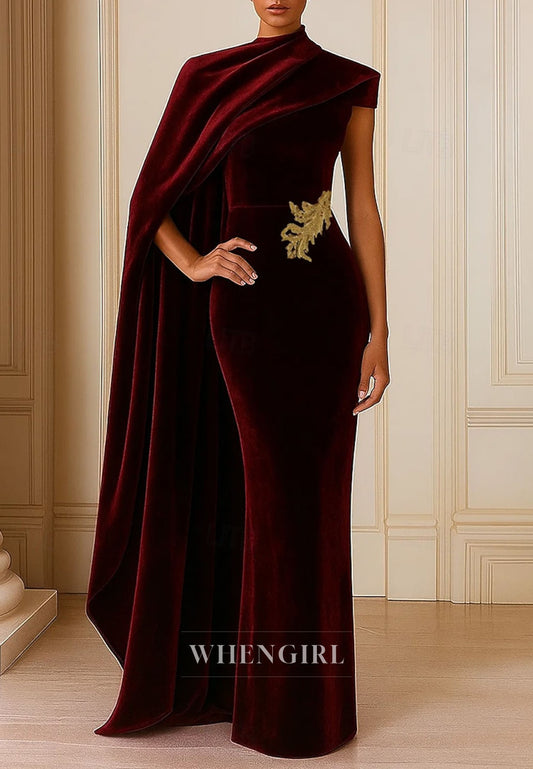 Sheath High Neck Short Sleeves Velvet Formal Dress