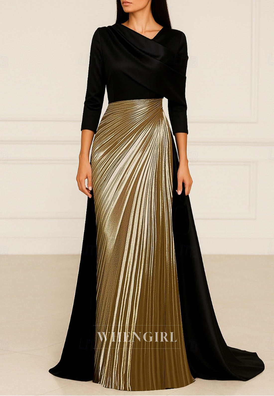 Black-Gold Floor Length Ruched 3/4 Sleeves Sheath Mother of the Bride Dress