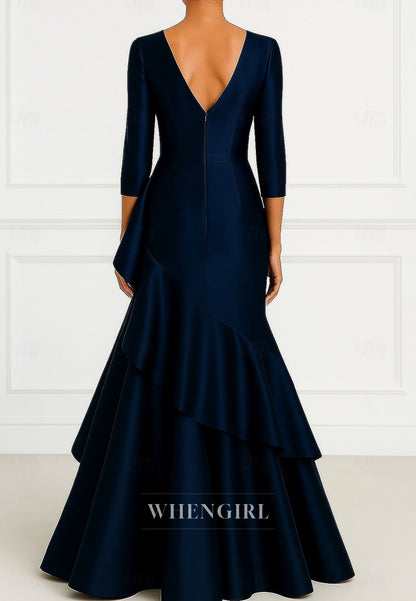 Mermaid V Neck 3/4 Sleeves Ruffles Mother of the Bride Dress