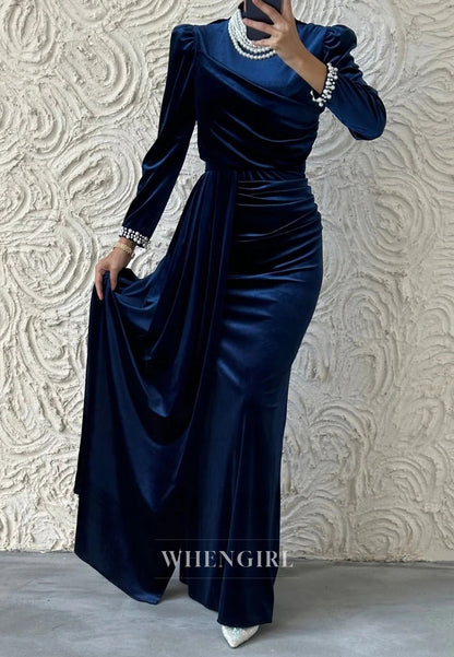 Sheath High Neck Beaded Long Sleeves Pleated Long Formal Evening Gown