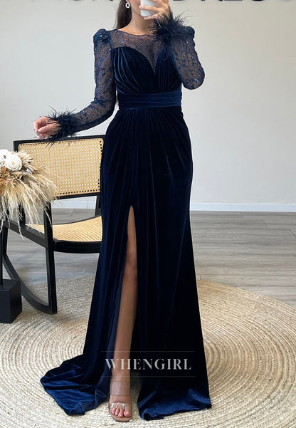 Illusion Neckline Mermaid Velvet Formal Evening Dress with Beaded lace Long Sleeves