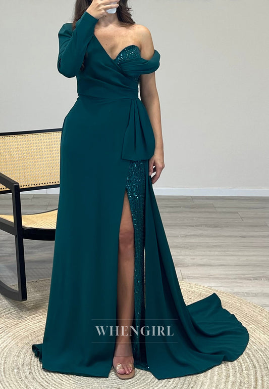 One Shoulder Long Sleeve Side Slit Bead Pleated Asymmertrical Mermaid Evening Formal Dress