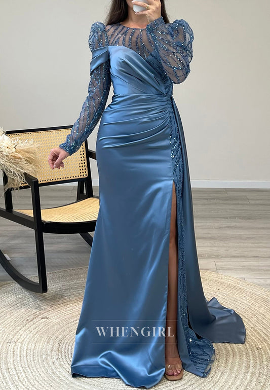 Mermaid Beaded Long Sleeves Formal Gown Illusion Neck Side Slit Evening Dress