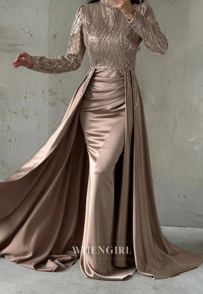 Sheath High Neck Beaded Long Sleeves Sweep Train Evening Formal Dress