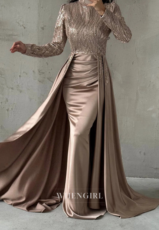 Sheath High Neck Beaded Long Sleeves Sweep Train Evening Formal Dress