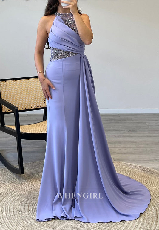 Mermaid Sweep Train Sleeveless Evening Dress Pleated Beade Halter Formal Gown