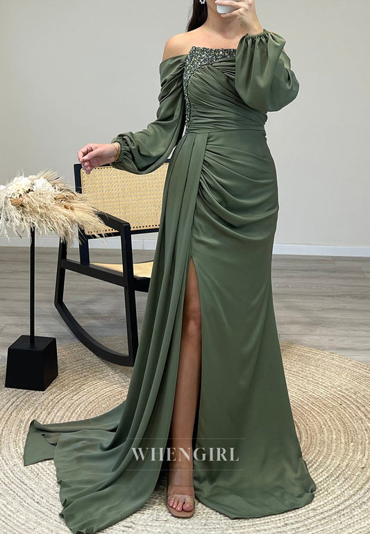 Asymmertrical Neck Side Slit Pleated Beading Long Sleeves Evening Formal Dress