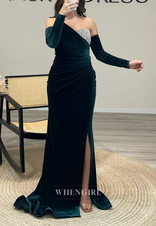 Asmmetrical Neck Long Sleeve Beaded Formal Gown with Side Slit