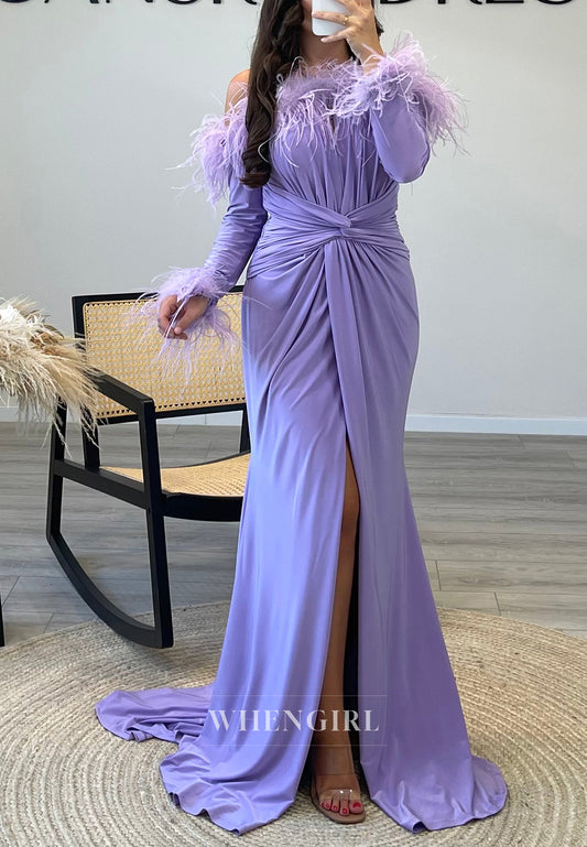 Pleated Long Sleeves Feather Mermaid Formal Gown Side Slit Chiffon Dress