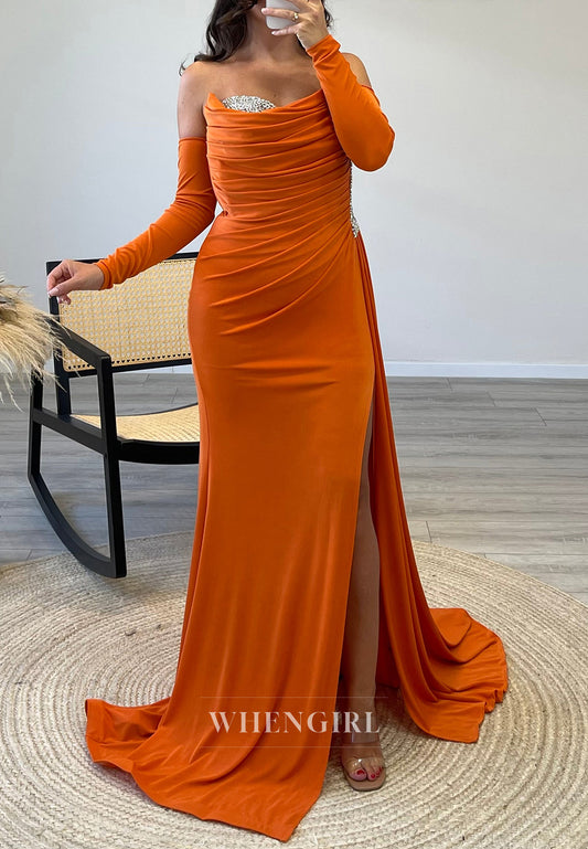 Asymmertrical Neck Pleated SIde Slit Evening Dress Rhinestone Mermaid Formal Gown with Long Sleeves