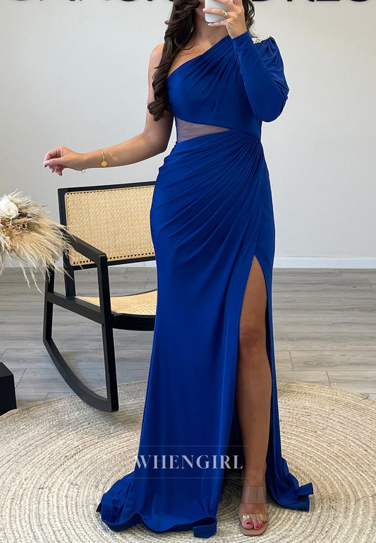 Asymmertrical One Shoulder Mermaid Pleated Chiffon Evening Gown with Side Slit
