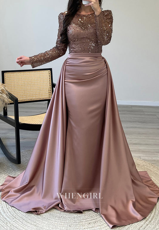 Long Sleeves Illusion Neck Beaded Mermaid Formal Evening Gowns with Train