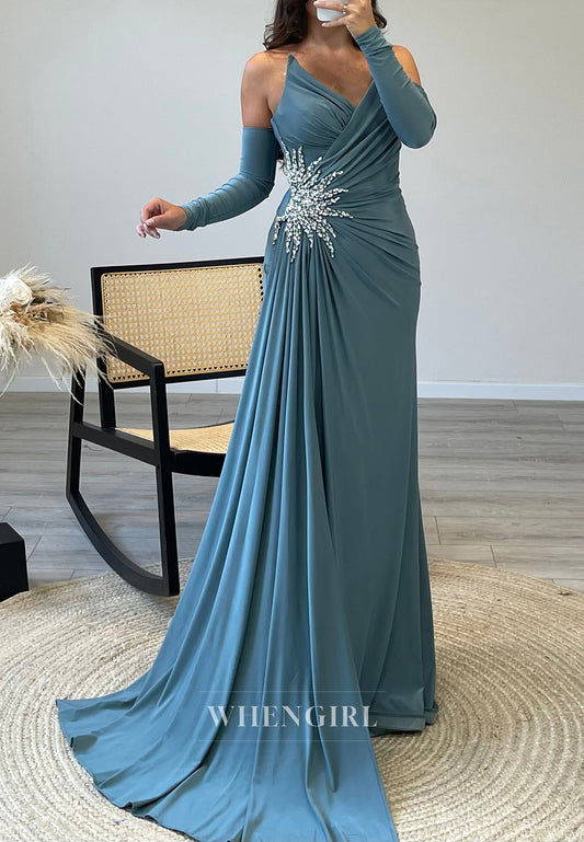 V Neck Rhinestone Pleated Formal Dress Long Sleeves Side Slit Train Evening Gown