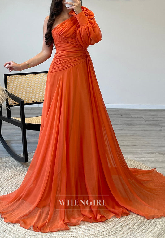 A-Line One Shoulder Side Slit Sweep Train Pleated Formal Evening Gown with Long Sleeve