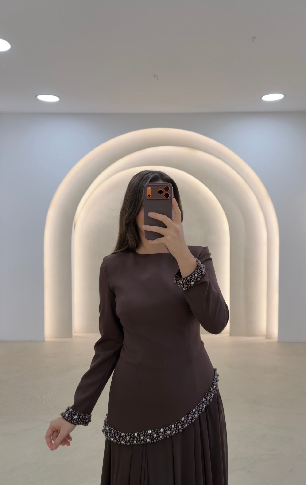 A-Line Long Sleeves Bateau Neck Beaded Formal Evening Dress