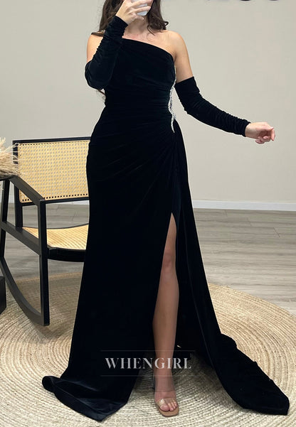 One Shoulder Side Slit Cut-out Pleated Velet Evening Dress with Long Sleeves