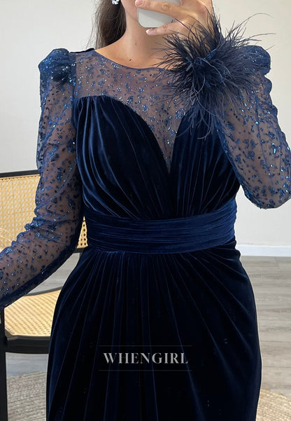 Illusion Neckline Mermaid Velvet Formal Evening Dress with Beaded lace Long Sleeves