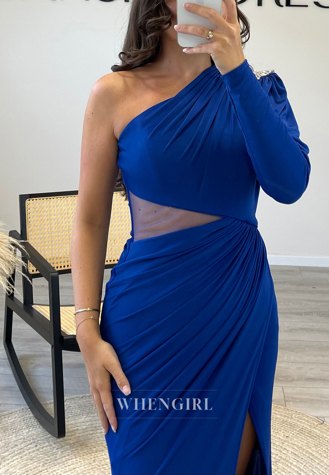 Asymmertrical One Shoulder Mermaid Pleated Chiffon Evening Gown with Side Slit