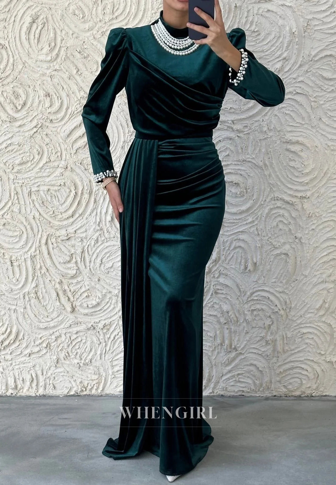 Sheath High Neck Beaded Long Sleeves Pleated Long Formal Evening Gown