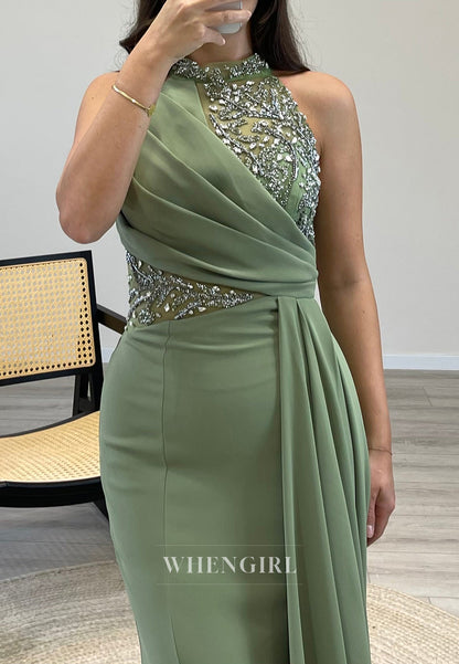 Mermaid Sweep Train Sleeveless Evening Dress Pleated Beade Halter Formal Gown