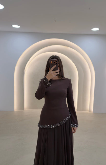 A-Line Long Sleeves Bateau Neck Beaded Formal Evening Dress